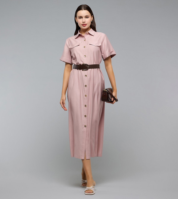 Solid Shirt Dress with Classic Collar and Short Sleeves
