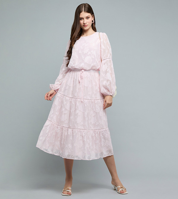 Jacquard Tired Dress with Crew Neck and Balloon Sleeves