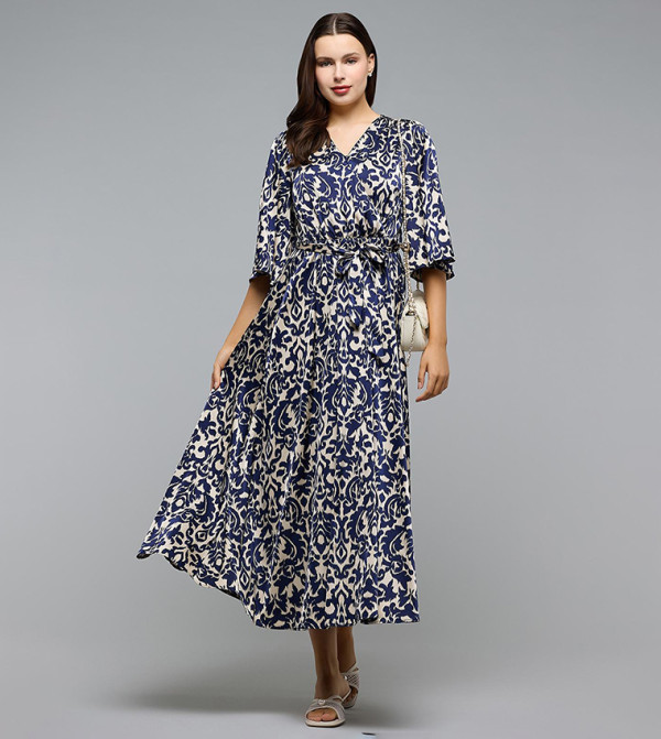 Patterned Maxi Dress with V-Neck and Flutter Sleeves
