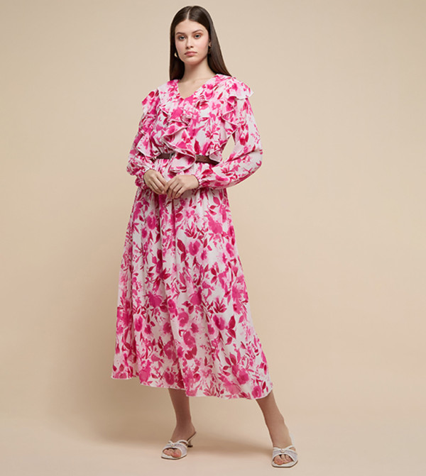 Printed Midi Dress with V-Neck and Long Sleeves