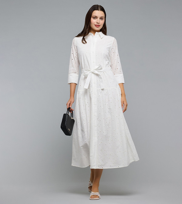 Schiffli Shirt Dress with Classic Collar and 3/4 Sleeves