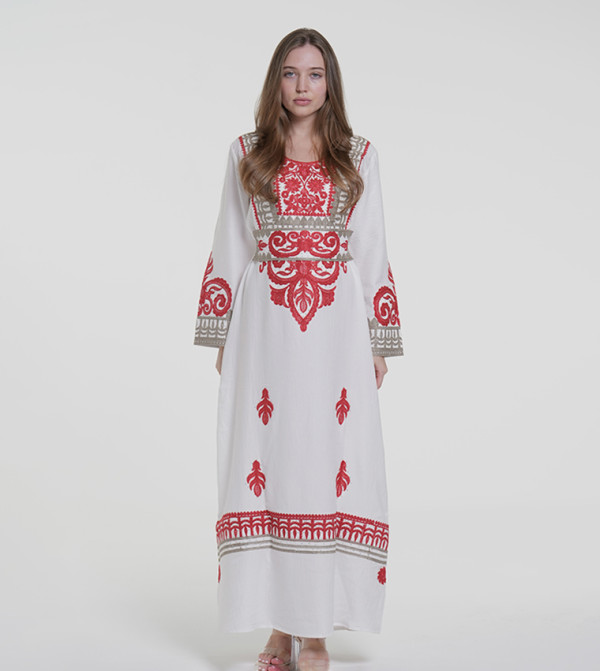 Linen Embroidered Belted Jalabiya