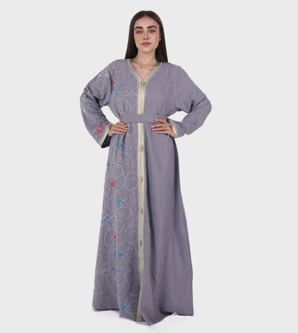 Embroidered Linen Belted Jalabiya