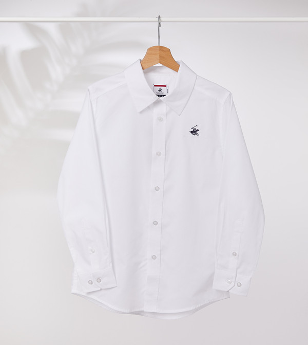 قميص بياقة بولو بأكمام طويلة بلون أبيض