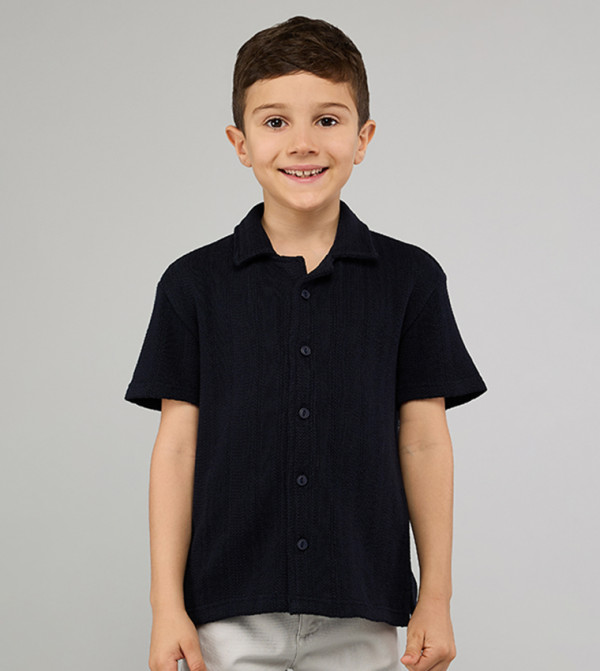 Textured Knit Shirt with Revere Collar and Short Sleeves