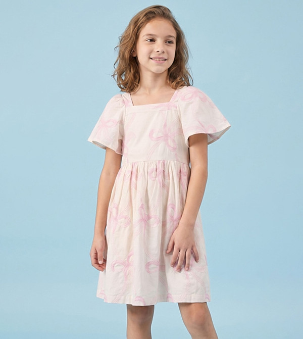Bow Print Fit & Flare Dress with Square Neck and Flared Sleeves