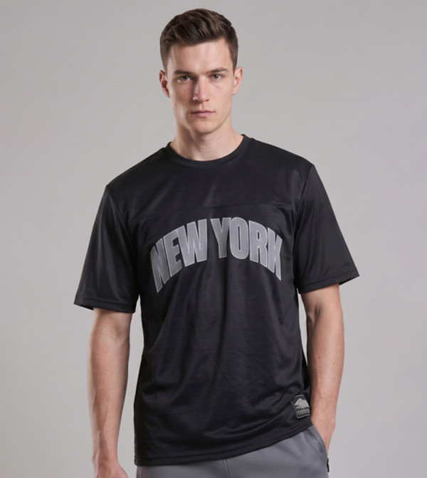 Typography Print T-Shirt with Crew Neck and Short Sleeves