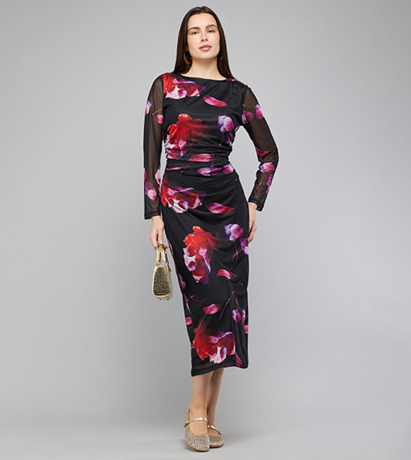 فستان ضيق كم طويل بقبة قارب بطبعة الورود