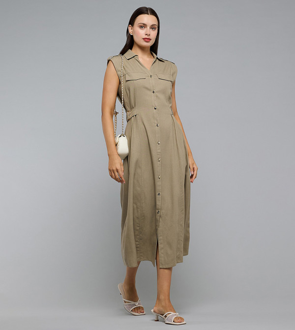 Solid Sleeveless Shirt Dress with Classic Collar
