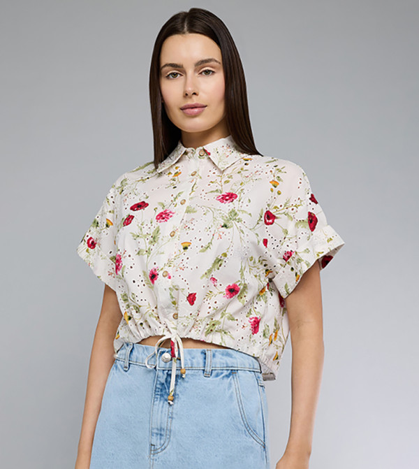 Floral Print Crop Shirt with Classic Collar and Short Sleeves
