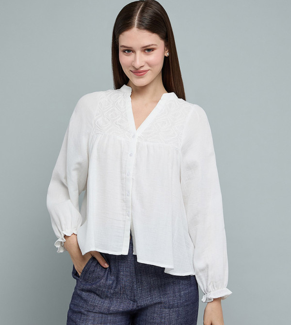Embroidered Top with Stand Collar and Long Sleeves