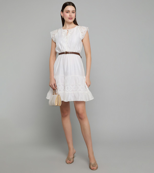 Lace Detail Mini Dress with Tie-Up Neck and Short Sleeves