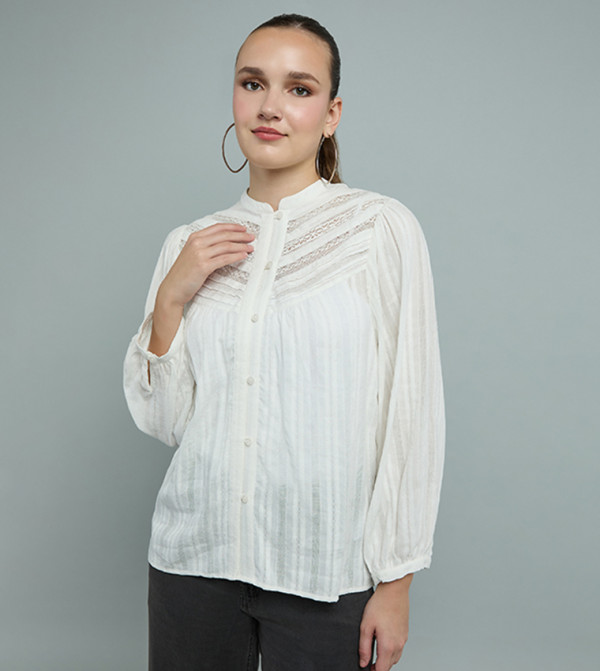 Self Design Top with Mandarin Collar and Long Sleeves