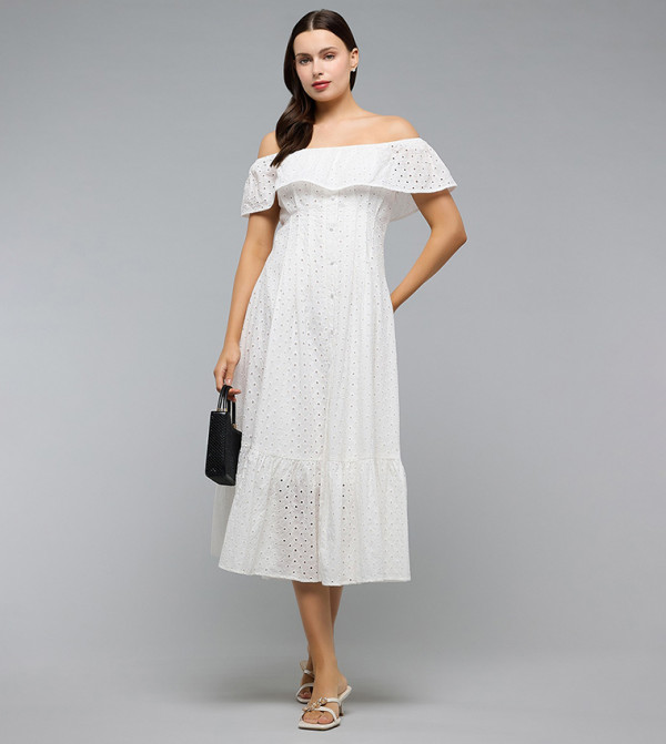 Schiffli Midi Dress with Off Shoulder