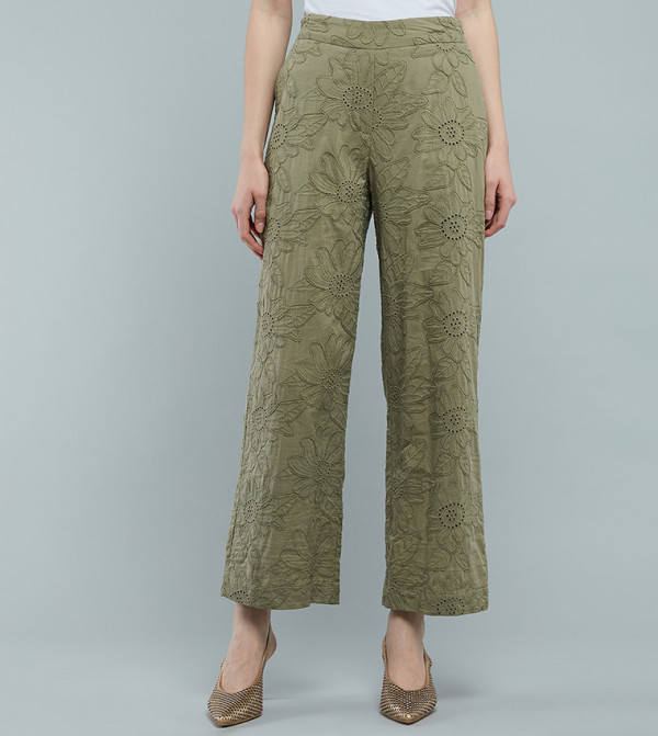 Embroidered Wide Leg Pants with Elastic Waist