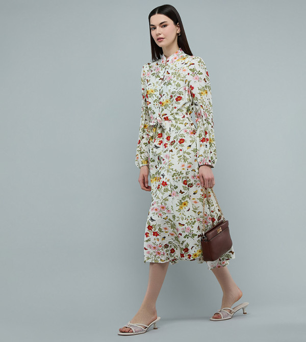 Floral Patterned Midi Dress with Stand Collar and Long Sleeves