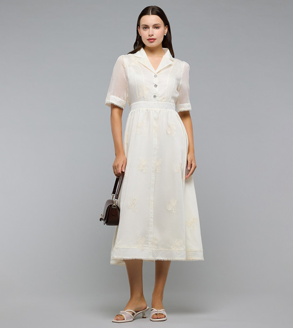 Embroidered Shirt Dress with Revere Collar and Short Sleeves