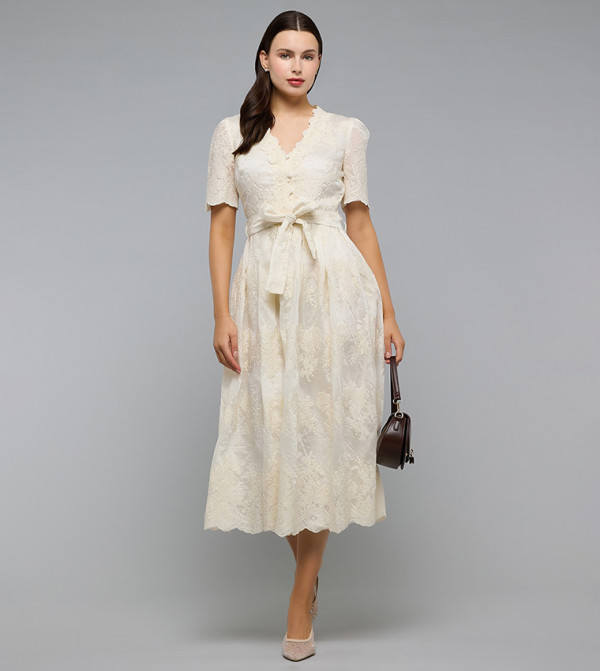 Embroidered Midi Dress with V-Neck and Short Sleeves