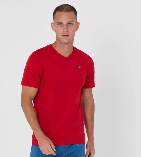 Core stretch V-neck T Shirt-Red