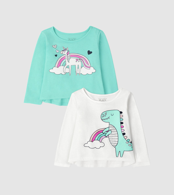 Round Neck Graphic Printed Long Sleeve T-Shirt Pack of 2