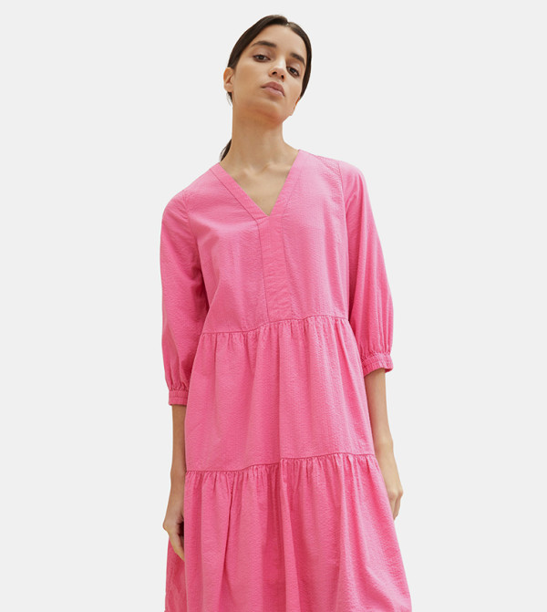 Solid V-Neck Tiered Dress