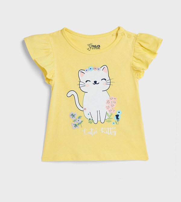 Printed Top with Crew Neck and Flutter Sleeves