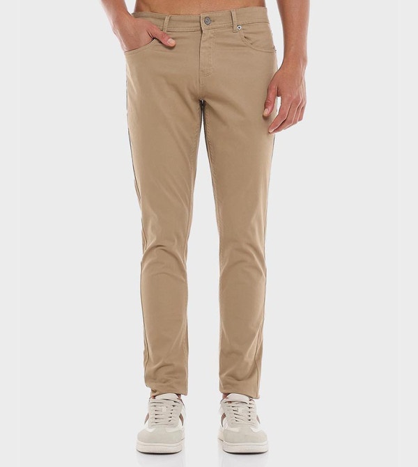 Solid Slim Fit Pants with Button Closure