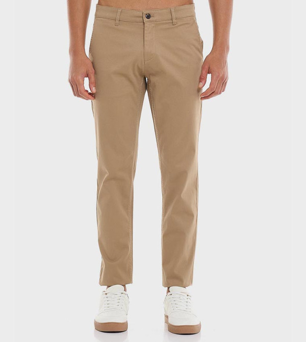 Solid Slim Fit Pants with Button Closure
