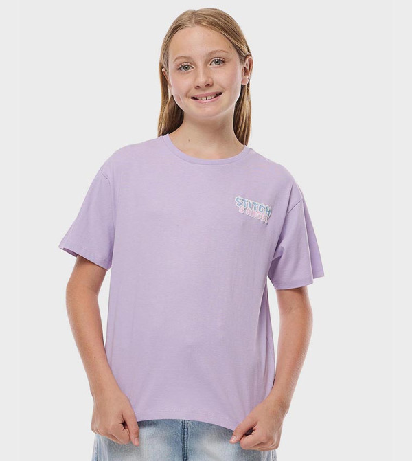 Back Stitch Printed T-Shirt with Crew Neck and Short Sleeves