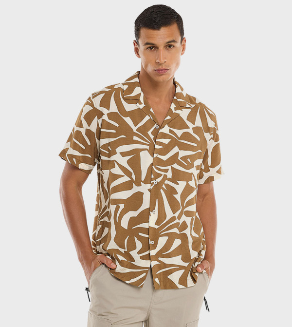 Printed Shirt with Revere Collar and Short Sleeves