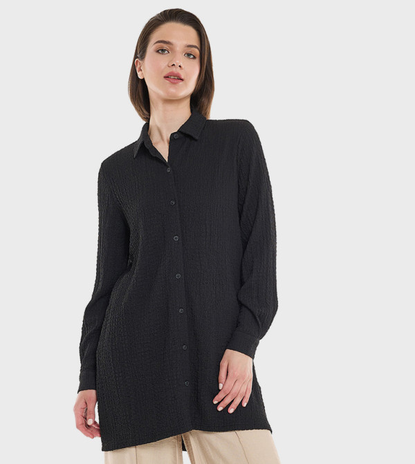 Textured Tunic with Classic Collar and Long Sleeves