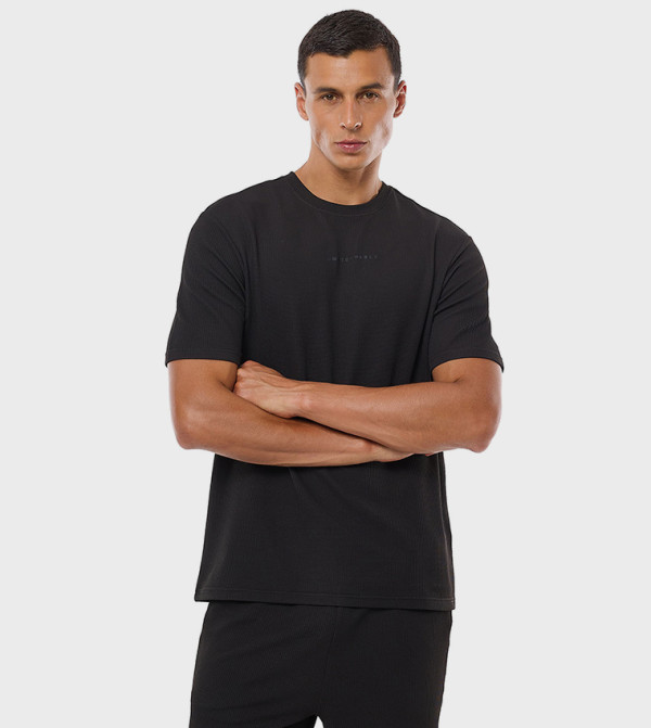 Waffle Textured T-Shirt with Crew Neck and Short Sleeves