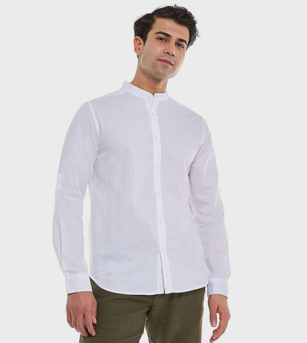Solid Shirt With Stand Collar and Long Sleeves