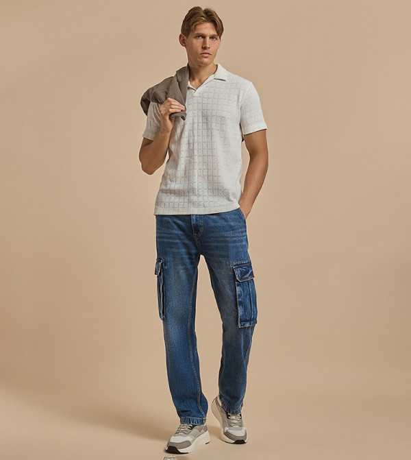 Washed Cargo Jeans with Button Closure