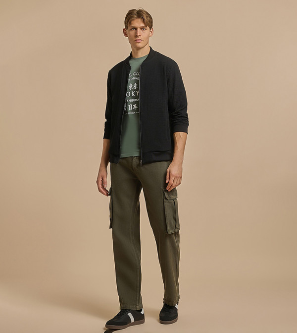 Solid Cargo Jeans with Button Closure