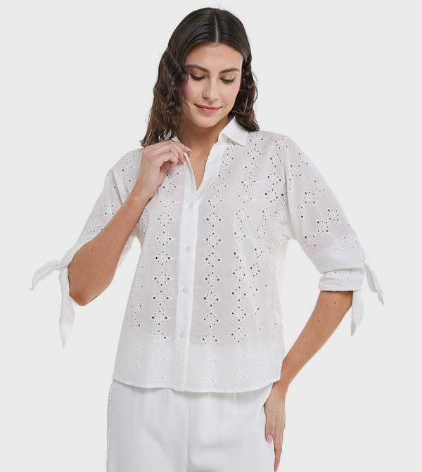 Schiffli Shirt with Classic Collar and 3/4 Sleeves