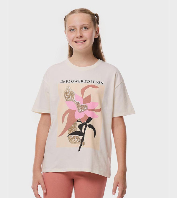 Sequined T-Shirt with Crew Neck and Short Sleeves