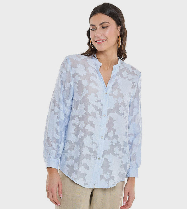Jacquard Shirt with Stand Collar and Long Sleeves