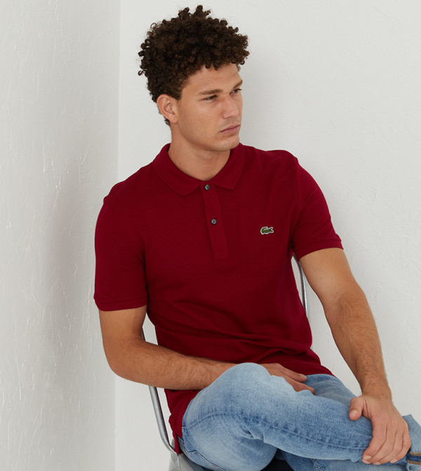 Short Sleeved Ribbed Collar Shirt-Red