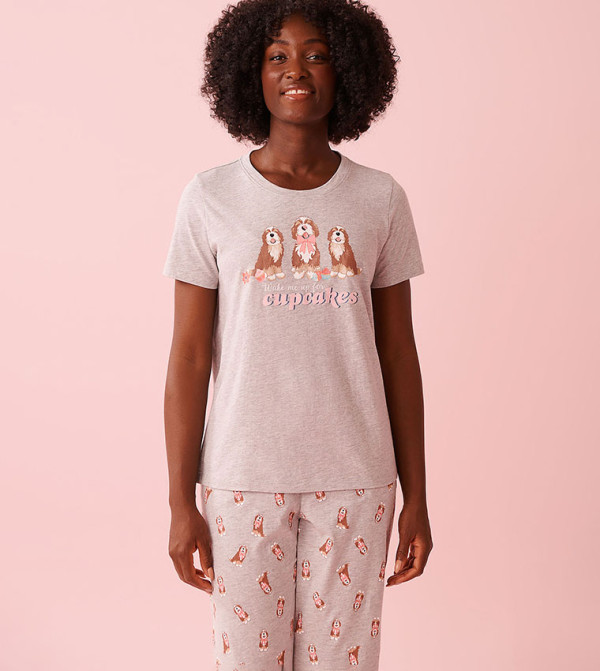 Dog & Cupcake Print Cotton Crew Neck T-Shirt