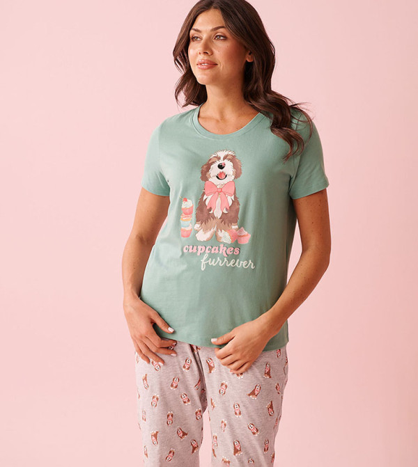 Dog & Cupcake Print Cotton Crew Neck T-Shirt
