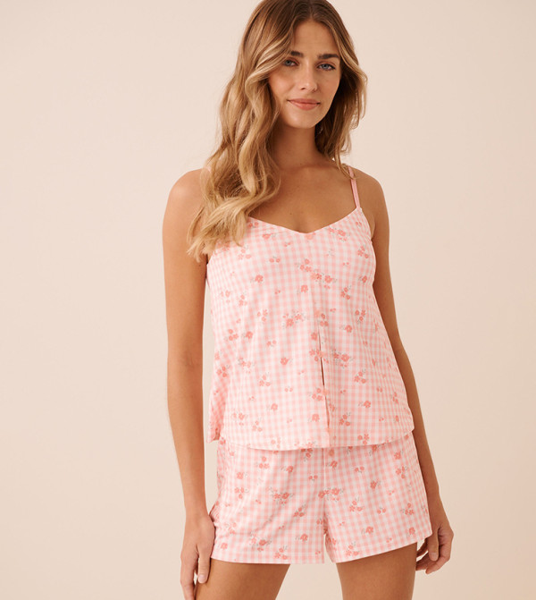 Floral Gingham Print Super Soft Cami Top with Shelf Bra