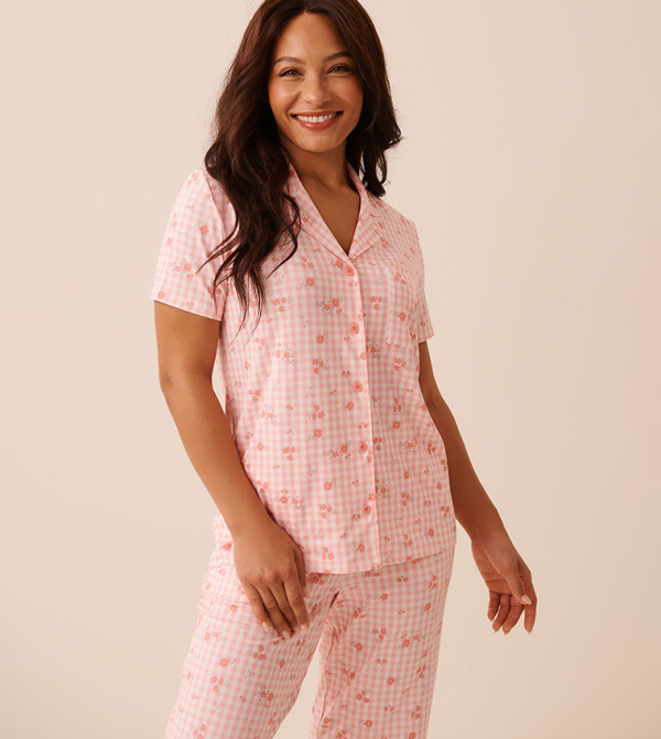 Floral Gingham Print Super Soft Button-Down Sleep Shirt