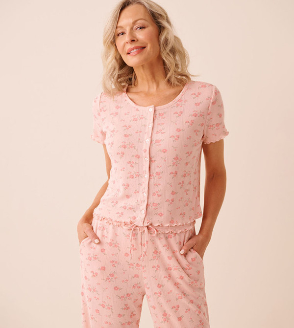 Floral Print Ruffle Hem Pointelle Sleep T-Shirt