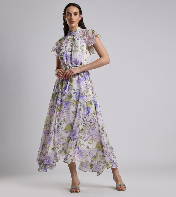Floral Print Midi Dress with High Neck and Flared Sleeves