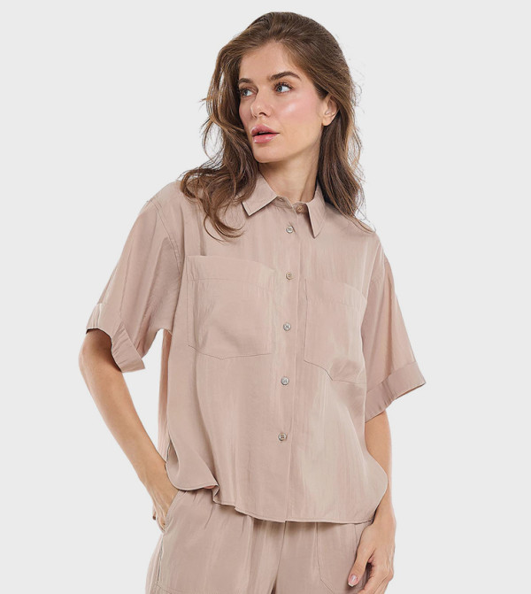 Pocket Detail Shirt with Classic Collar and Short Sleeves