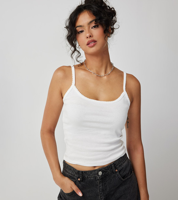 Ribbed Picot Trim Sleeveless Top