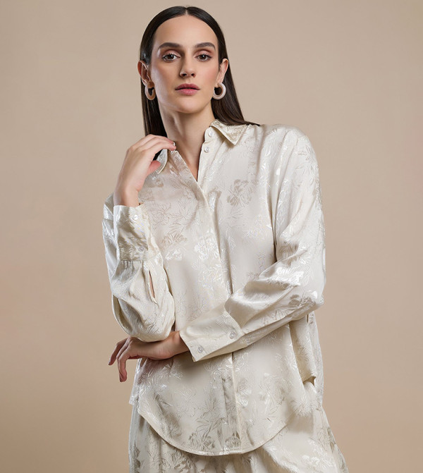 Self Design Shirt with Classic Collar and Long Sleeves