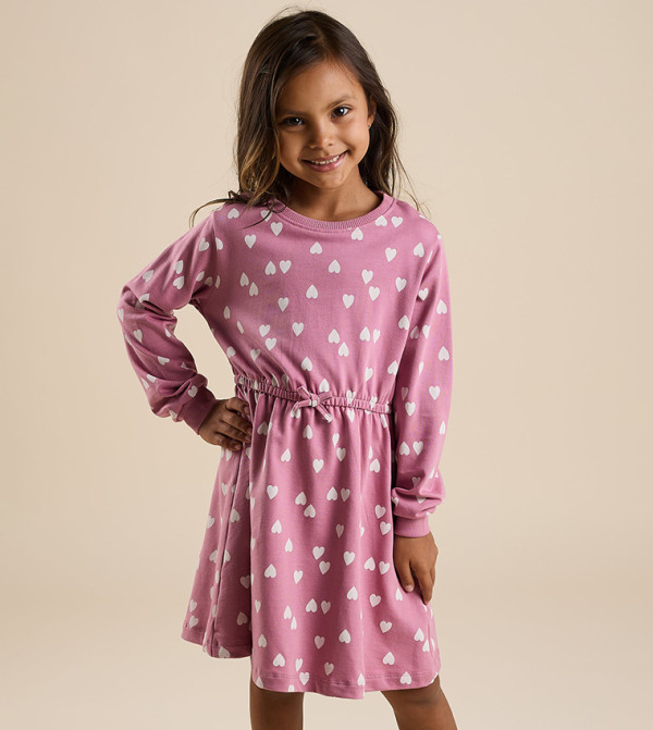 Heart Print Flared Dress with Crew Neck and Long Sleeves