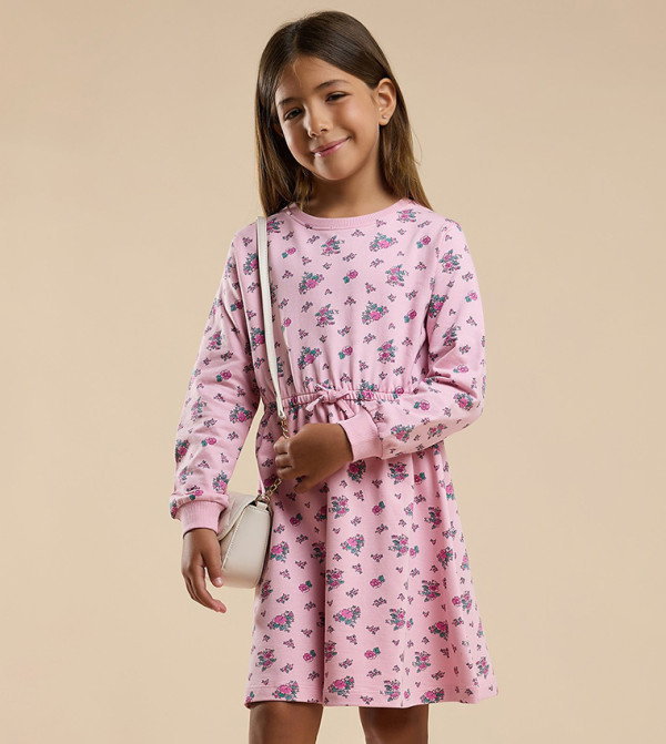 Printed Knit Dress with Crew Neck and Long Sleeves